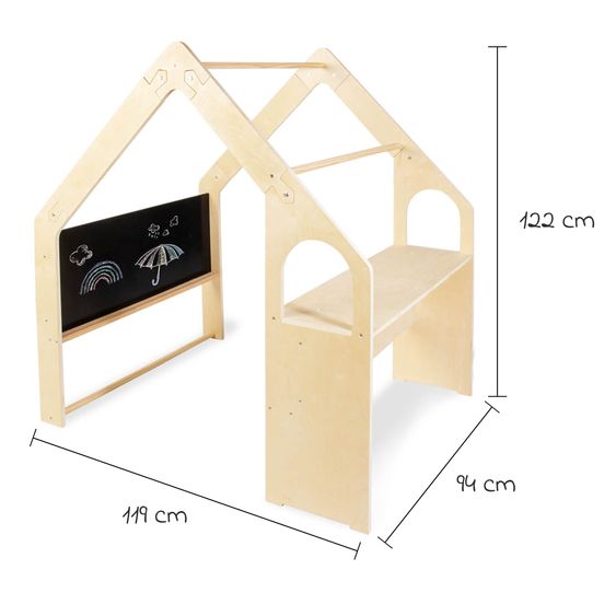 Pinolino 3-tlg. Spielhaus Thilda inkl. Stoffdach mit Maltafel, Fenstern & Tisch - Kleine Flitzer - Natur
