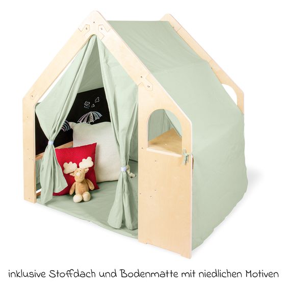 Pinolino 3-tlg. Spielhaus Thilda inkl. Stoffdach mit Maltafel, Fenstern & Tisch - Salbei Grün