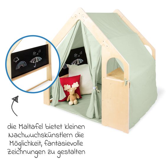 Pinolino 3-tlg. Spielhaus Thilda inkl. Stoffdach mit Maltafel, Fenstern & Tisch - Salbei Grün