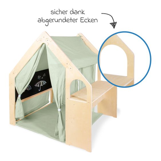 Pinolino 3-tlg. Spielhaus Thilda inkl. Stoffdach mit Maltafel, Fenstern & Tisch - Salbei Grün