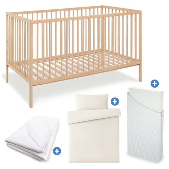 Pinolino 4-tlg. Kinderbett-Set Hanna mit Matratze, Bettwäsche 100 x 135 cm / 40 x 60 cm & wasserdichte Betteinlage 70 x 140 cm - Buch massiv unbehandelt - Natur