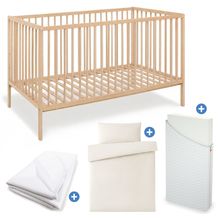 4-tlg. Kinderbett-Set Hanna mit Matratze, Bettwäsche 100 x 135 cm / 40 x 60 cm & wasserdichte Betteinlage 70 x 140 cm - Buch massiv unbehandelt - Natur