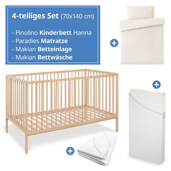 Pinolino 4-tlg. Kinderbett-Set Hanna mit Matratze, Bettwäsche 100 x 135 cm / 40 x 60 cm & wasserdichte Betteinlage 70 x 140 cm - Buch massiv unbehandelt - Natur