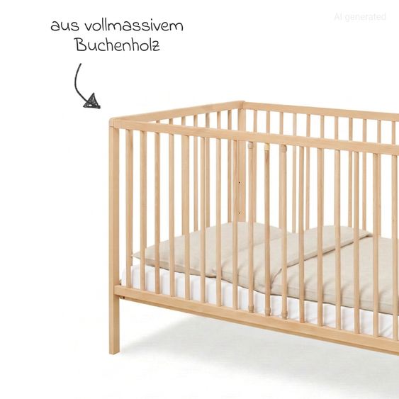 Pinolino 4-tlg. Kinderbett-Set Hanna mit Matratze, Bettwäsche 100 x 135 cm / 40 x 60 cm & wasserdichte Betteinlage 70 x 140 cm - Buch massiv unbehandelt - Natur