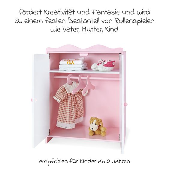 Pinolino 4-pc. Doll Wardrobe Jasmin with 1 Insert Shelf, 1 Clothes Rail incl. 3 Clothes Hangers - Pink White