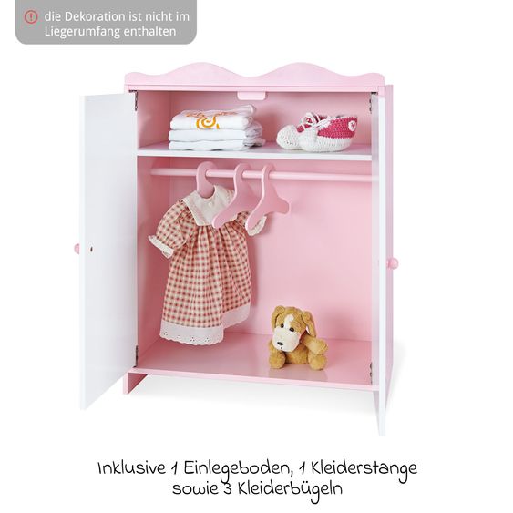 Pinolino 4-pc. Doll Wardrobe Jasmin with 1 Insert Shelf, 1 Clothes Rail incl. 3 Clothes Hangers - Pink White