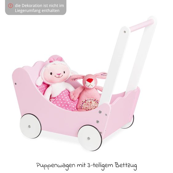 Pinolino 4-tlg. Puppenwagen Jasmin inkl. 3-tlg. Bettzeug - kleine Herzen - Rosa Weiß
