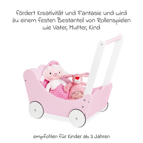 Pinolino 4-tlg. Puppenwagen Jasmin inkl. 3-tlg. Bettzeug - kleine Herzen - Rosa Weiß
