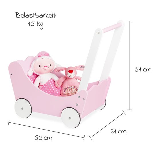 Pinolino 4-tlg. Puppenwagen Jasmin inkl. 3-tlg. Bettzeug - kleine Herzen - Rosa Weiß