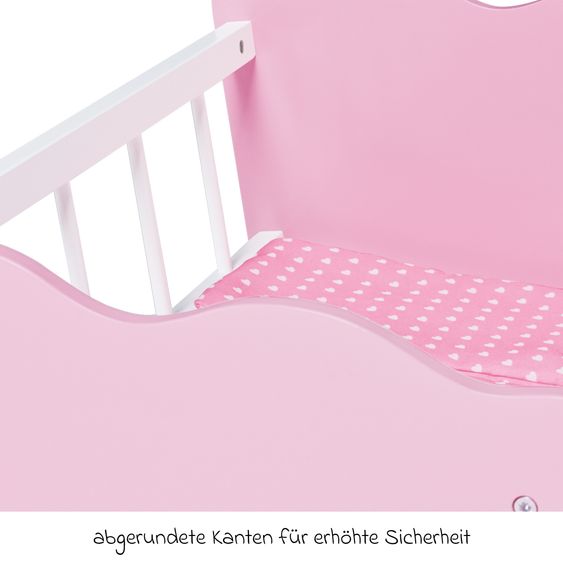 Pinolino 4-tlg. Puppenwiege Jasmin inkl. 3-tlg. Bettzeug - kleine Herzen - Rosa Weiß