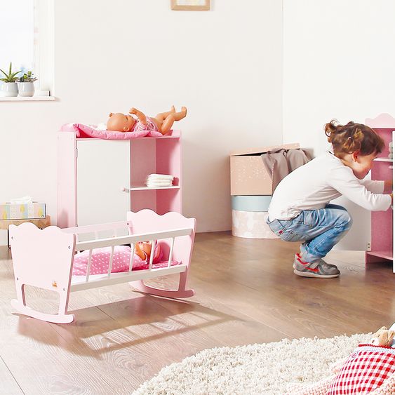 Pinolino 4-tlg. Puppenwiege Jasmin inkl. 3-tlg. Bettzeug - kleine Herzen - Rosa Weiß