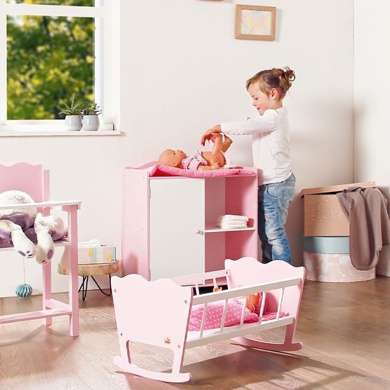 Pinolino 4-tlg. Puppenwiege Jasmin inkl. 3-tlg. Bettzeug - kleine Herzen - Rosa Weiß