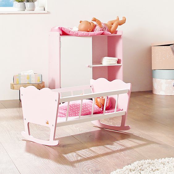 Pinolino 4-tlg. Puppenwiege Jasmin inkl. 3-tlg. Bettzeug - kleine Herzen - Rosa Weiß