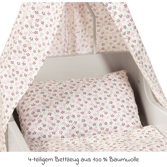 Pinolino Set 6 Pièces Berceau Poupée Malea incl. Parure De Lit 4 Pièces Fleurs avec Ciel De Lit & Barre De Ciel - Rose Blanc