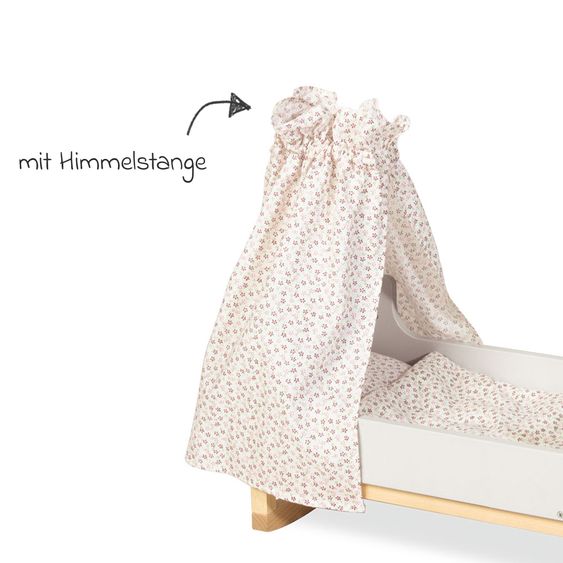 Pinolino Set 6 Pièces Berceau Poupée Malea incl. Parure De Lit 4 Pièces Fleurs avec Ciel De Lit & Barre De Ciel - Rose Blanc