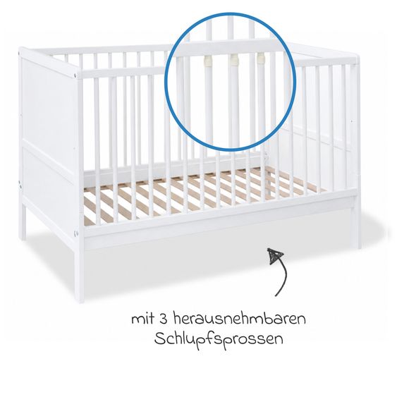 Pinolino Babybett & Kinderbett Carla Buche teilmassiv 3-fach höhenverstellbar, 3 Schlupfsprossen 70 x 140 cm - lackiert - Weiß