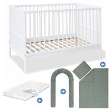 Complete Baby Cot Set Carla Beech Partially Solid Lacquered 3-Level Adjustable, 3 Slats Incl. Bedding, Bed Snake & Mattress 70 x 140 cm - White