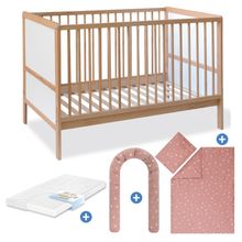 Babybett-Komplett-Set Carla Buche teilmassiv lackiert 3-fach höhenverstellbar, 3 Schlupfsprossen inkl. Bettwäsche, Bettschlange & Matratze 70 x 140 cm - Pusteblume - Natur