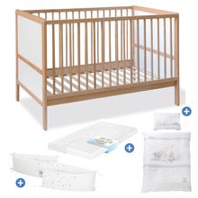 Baby Bed Complete Set Carla Beech Partially Solid Lacquered 3-Level Height Adjustable, 3 Slatted Bars Incl. Bedding, Bumper & Mattress 70 x 140 cm - Nature
