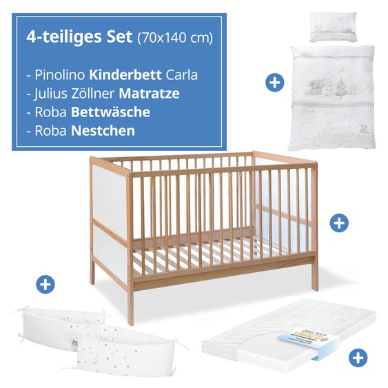Pinolino Baby Bed Complete Set Carla Beech Partially Solid Lacquered 3-Level Height Adjustable, 3 Slatted Bars Incl. Bedding, Bumper & Mattress 70 x 140 cm - Nature