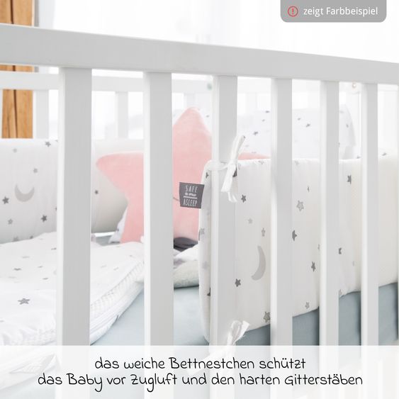 Pinolino Baby Bed Complete Set Carla Beech Partially Solid Lacquered 3-Level Height Adjustable, 3 Slatted Bars Incl. Bedding, Bumper & Mattress 70 x 140 cm - Nature