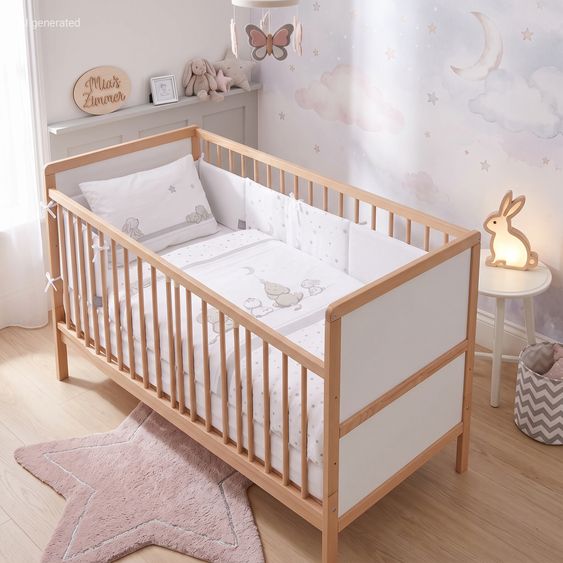 Pinolino Baby Bed Complete Set Carla Beech Partially Solid Lacquered 3-Level Height Adjustable, 3 Slatted Bars Incl. Bedding, Bumper & Mattress 70 x 140 cm - Nature