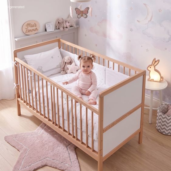 Pinolino Baby Bed Complete Set Carla Beech Partially Solid Lacquered 3-Level Height Adjustable, 3 Slatted Bars Incl. Bedding, Bumper & Mattress 70 x 140 cm - Nature