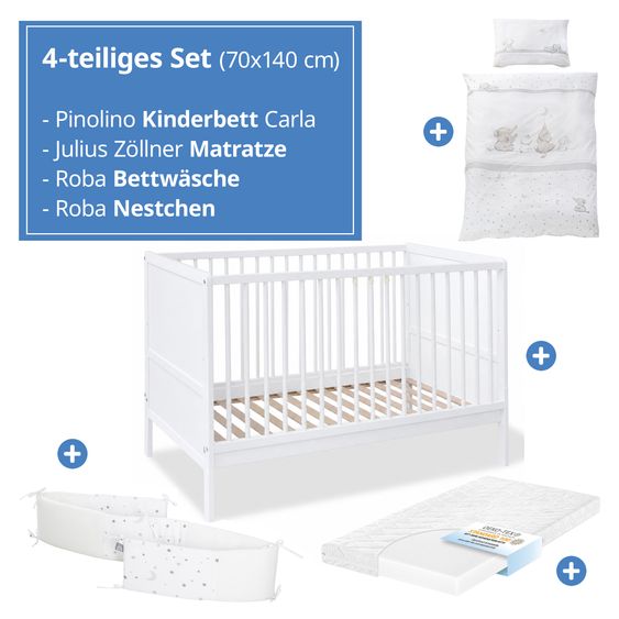 Pinolino Babybett-Komplett-Set Carla Buche teilmassiv lackiert  3-fach höhenverstellbar, 3 Schlupfsprossen inkl. Bettwäsche, Nestchen & Matratze 70 x 140 cm - Weiß