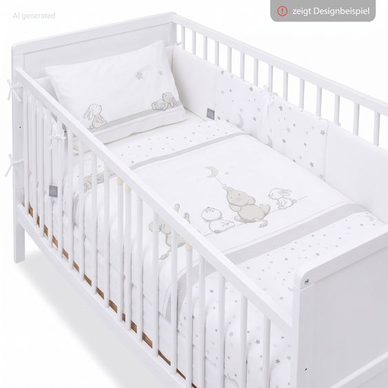 Pinolino Babybett-Komplett-Set Carla Buche teilmassiv lackiert  3-fach höhenverstellbar, 3 Schlupfsprossen inkl. Bettwäsche, Nestchen & Matratze 70 x 140 cm - Weiß