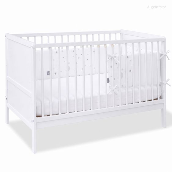 Pinolino Babybett-Komplett-Set Carla Buche teilmassiv lackiert  3-fach höhenverstellbar, 3 Schlupfsprossen inkl. Bettwäsche, Nestchen & Matratze 70 x 140 cm - Weiß