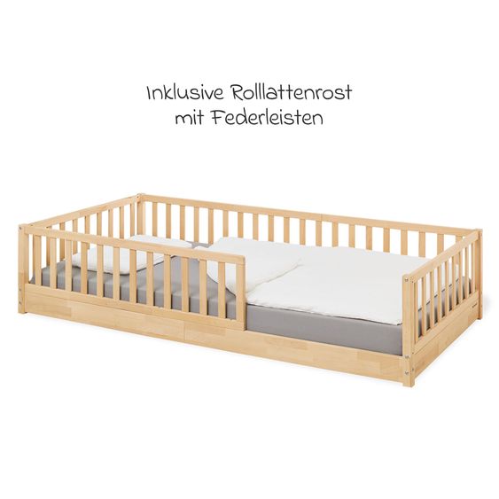 Pinolino Bodenbett Elvi mit abnehmbarem Rausfallschutz inkl. Rolllattenrost mit Federleisten 90 x 200 cm - Natur