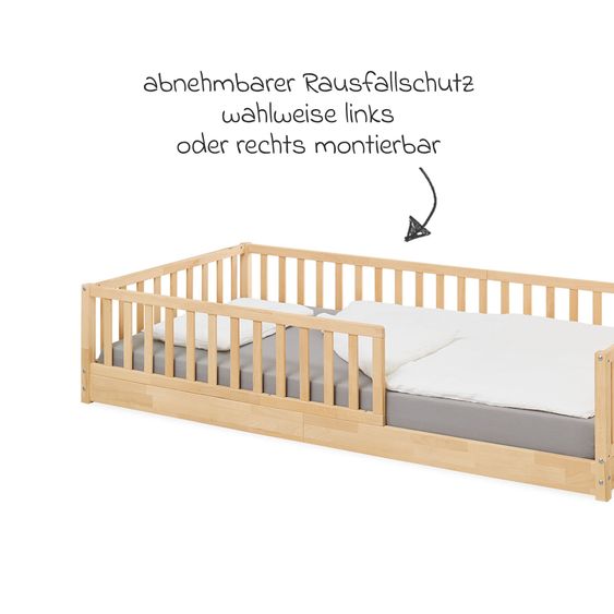 Pinolino Bodenbett Elvi mit abnehmbarem Rausfallschutz inkl. Rolllattenrost mit Federleisten 90 x 200 cm - Natur