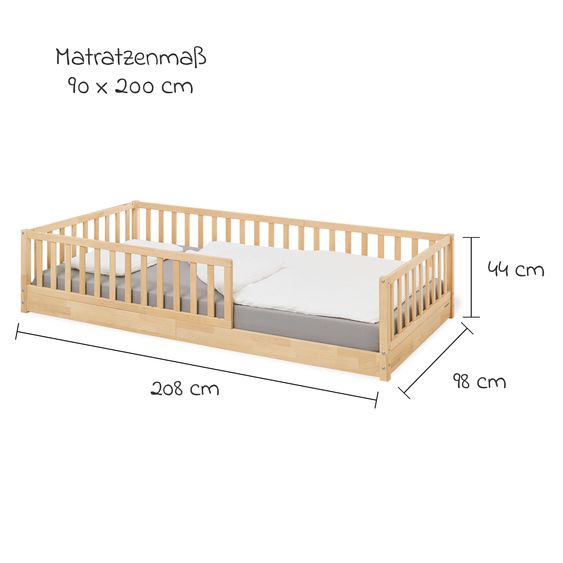Pinolino Bodenbett Elvi mit abnehmbarem Rausfallschutz inkl. Rolllattenrost mit Federleisten 90 x 200 cm - Natur
