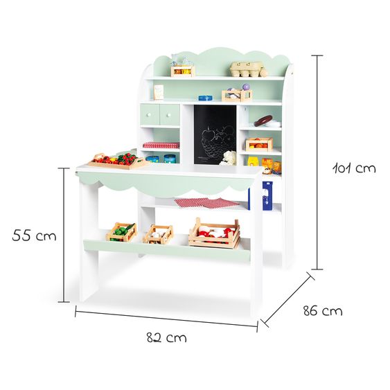 Pinolino Play Shop Wilma with Side Counter, 2 Drawers & Chalkboard - White / Pastel Green