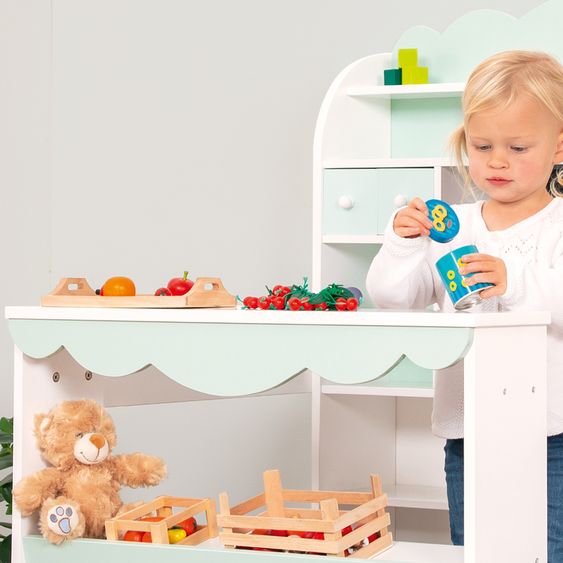 Pinolino Play Shop Wilma with Side Counter, 2 Drawers & Chalkboard - White / Pastel Green