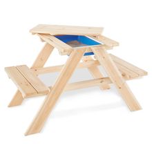 Kinder-Sitzgarnitur Matsch-Nicki für 2 Kinder mit 1 Wanne und abnehmbarer Arbeitsplatte - Fichte massiv - Natur