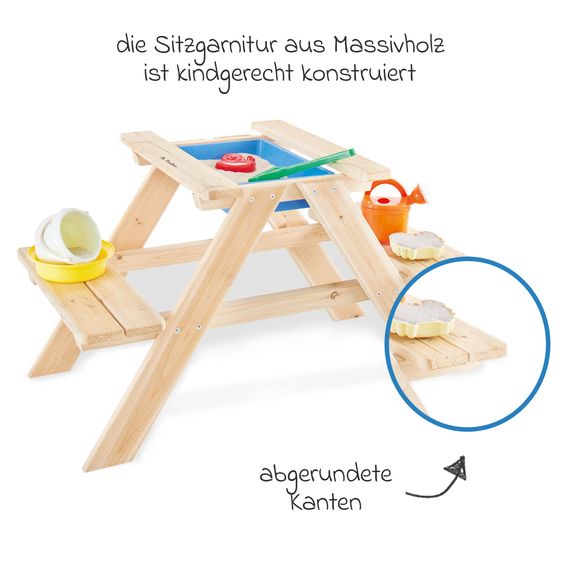 Pinolino Kinder-Sitzgarnitur Matsch-Nicki für 2 Kinder mit 1 Wanne und abnehmbarer Arbeitsplatte - Fichte massiv - Natur