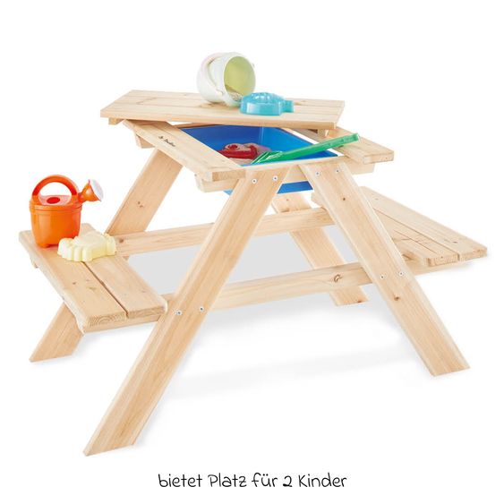 Pinolino Kinder-Sitzgarnitur Matsch-Nicki für 2 Kinder mit 1 Wanne und abnehmbarer Arbeitsplatte - Fichte massiv - Natur