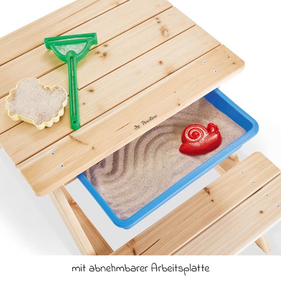 Pinolino Kinder-Sitzgarnitur Matsch-Nicki für 2 Kinder mit 1 Wanne und abnehmbarer Arbeitsplatte - Fichte massiv - Natur
