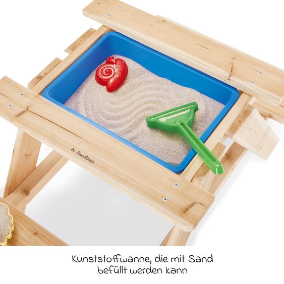 Pinolino Kinder-Sitzgarnitur Matsch-Nicki für 2 Kinder mit 1 Wanne und abnehmbarer Arbeitsplatte - Fichte massiv - Natur