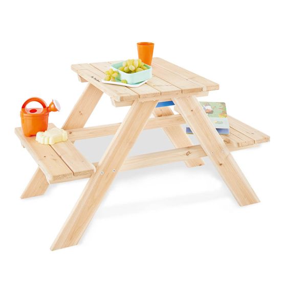 Pinolino Kinder-Sitzgarnitur Matsch-Nicki für 2 Kinder mit 1 Wanne und abnehmbarer Arbeitsplatte - Fichte massiv - Natur