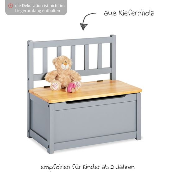 Pinolino Kindertruhenbank Fenna mit Deckel mit Klappendämpfer - Grau Natur