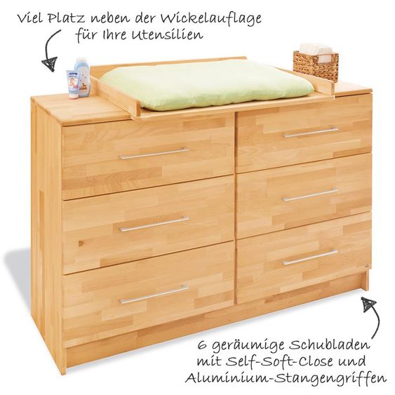 Pinolino Children's room Natura with extra wide changing table and 3-door wardrobe - solid beech