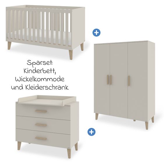 Pinolino Ensemble Chambre Bébé Tami Large Large avec Armoire 3 Portes, Lit, Table À Langer Large - Uni Beige