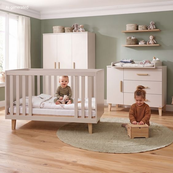 Pinolino Nursery Set Tami extra wide large with 3-door wardrobe, bed, extra wide changing table - Uni Beige