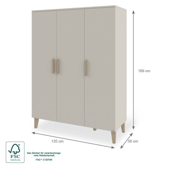 Pinolino Wardrobe Tami Large 3-Door with 6 Shelves & 1 Clothes Rail - Uni Beige