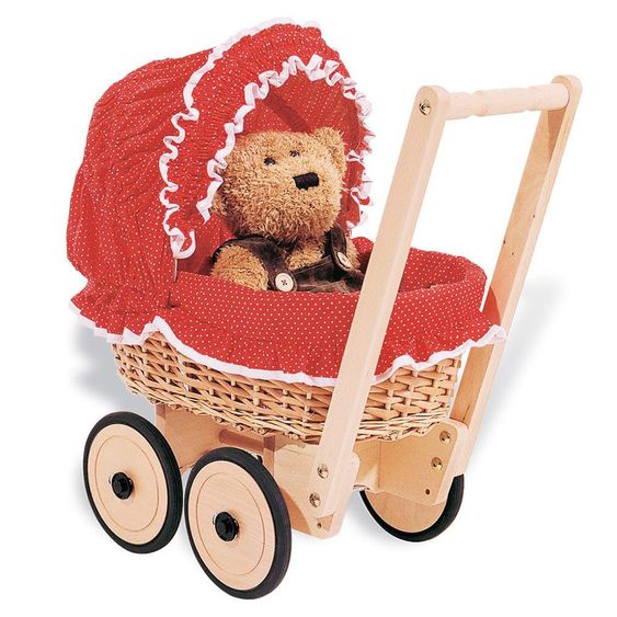 Pinolino Korb-Puppenwagen Mona inkl. Bettzeug - Pünktchen Rot Natur