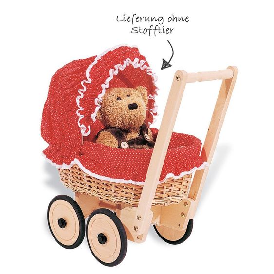 Pinolino Korb-Puppenwagen Mona inkl. Bettzeug - Pünktchen Rot Natur