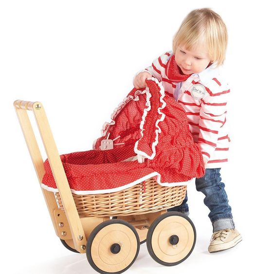 Pinolino Korb-Puppenwagen Mona inkl. Bettzeug - Pünktchen Rot Natur