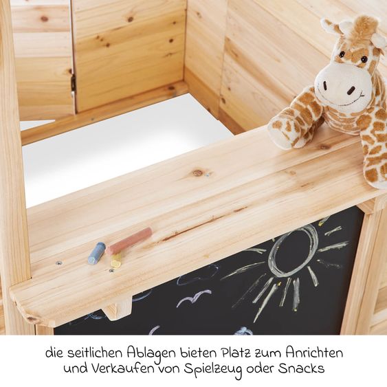 Pinolino Outdoor Spielhaus Knut inkl. 4 Tafelfläche, 1 Drehtür, 5 Ablageflächen & 2 Blumenkästen - Fichte massiv - Natur